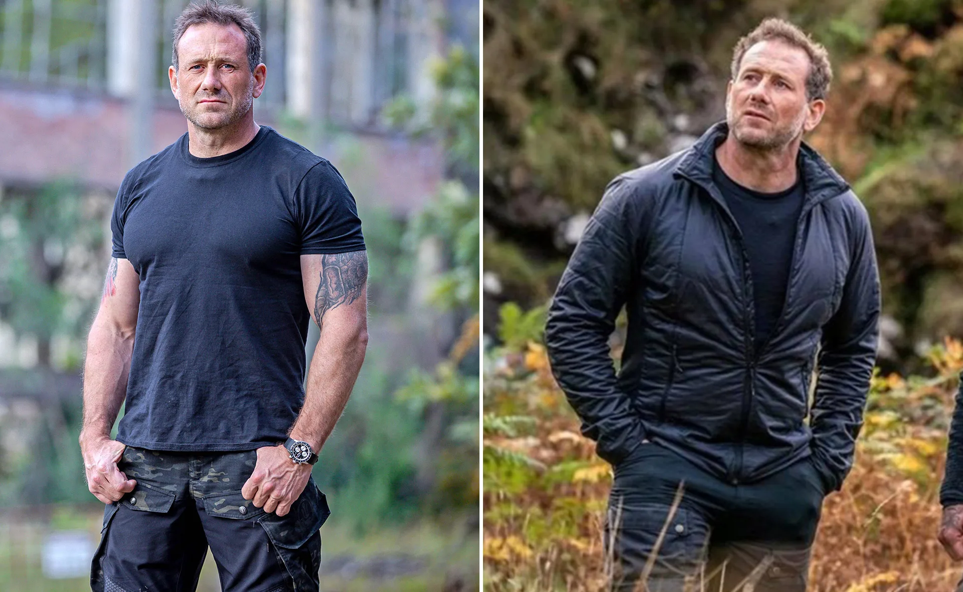 Man with tattoos in a black T-shirt and camo pants on left, wearing a black jacket in outdoor setting on right.