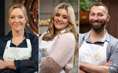 Three people in aprons smiling, likely contestants on a cooking show.