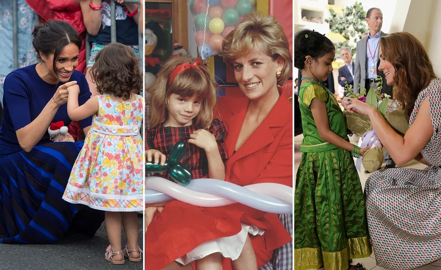Royal figures interacting warmly with children: Meghan on left, Diana center, Kate on right.