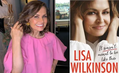 Lisa Wilkinson smiling in a pink top beside her autobiography cover "It Wasn't Meant to Be Like This".