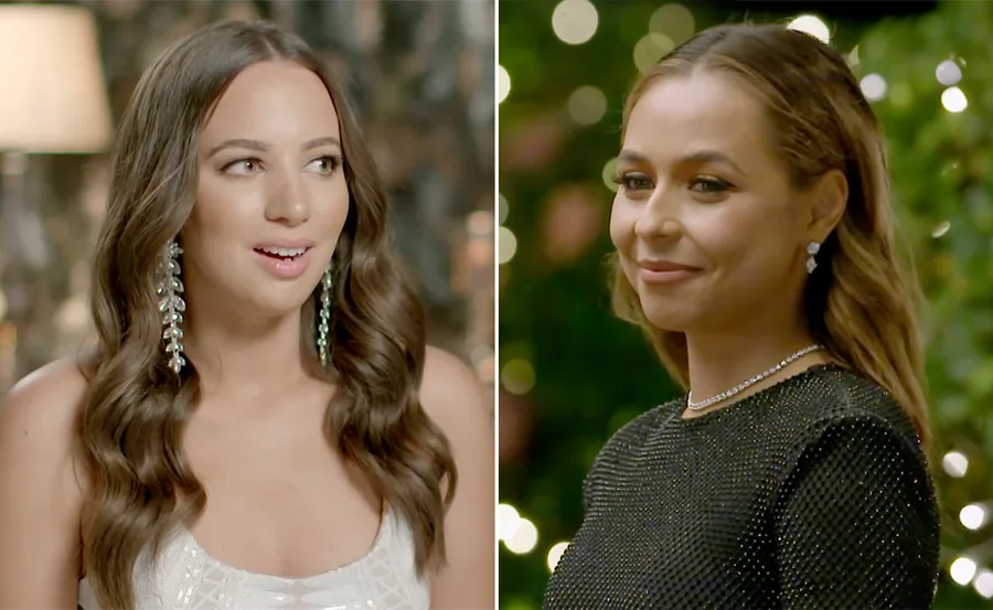 Two women elegantly dressed, smiling in separate settings with blurred backgrounds.