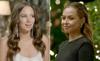 Two women elegantly dressed, smiling in separate settings with blurred backgrounds.