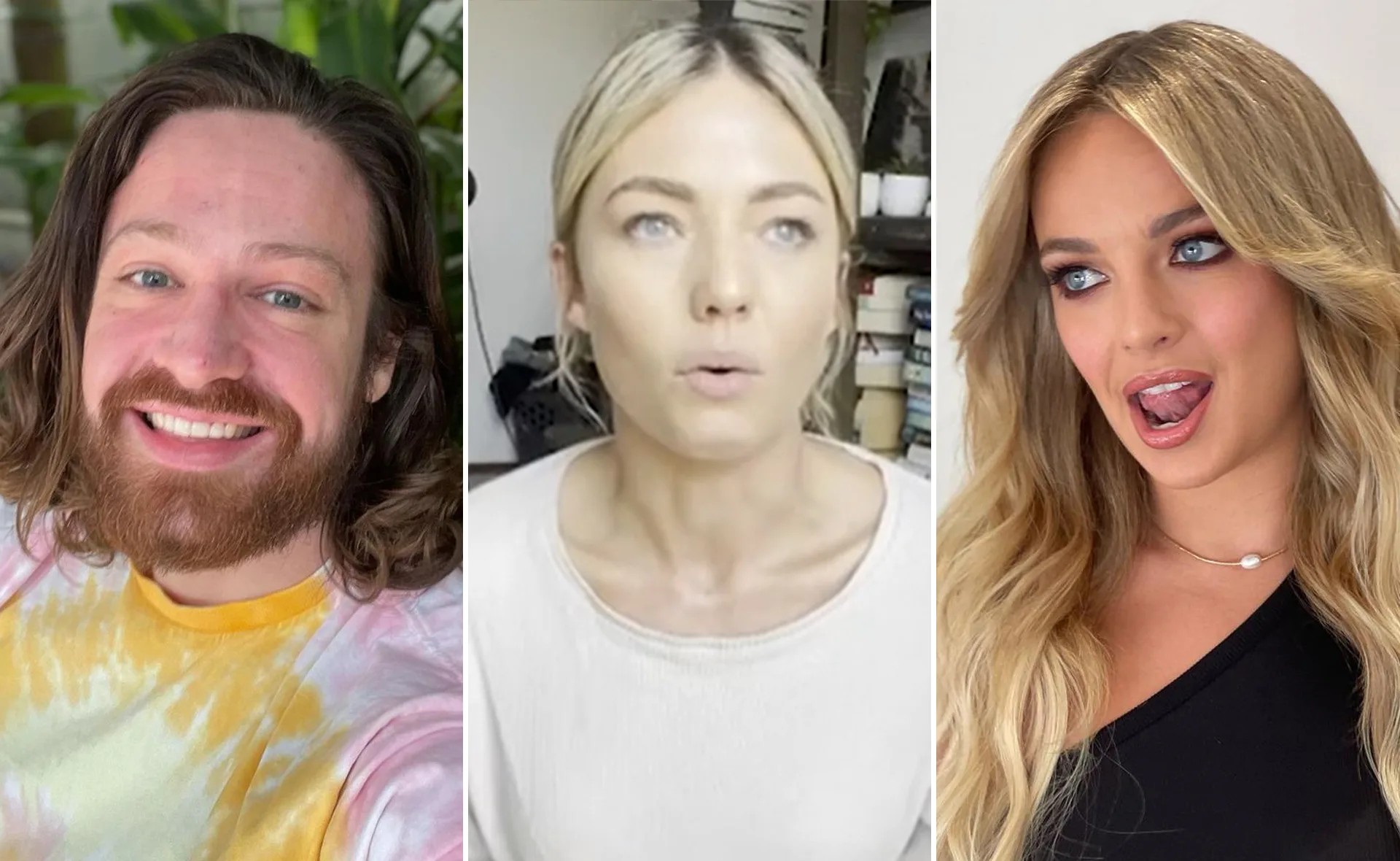 Three people in a split image; a man on the left, a woman in the middle speaking, and another woman on the right.