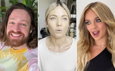Three people in a split image; a man on the left, a woman in the middle speaking, and another woman on the right.