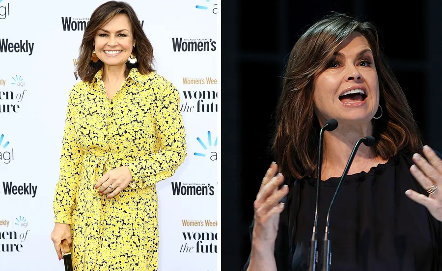 Two images: woman in a yellow dress at a "Women of the Future" event, and woman speaking at a podium.