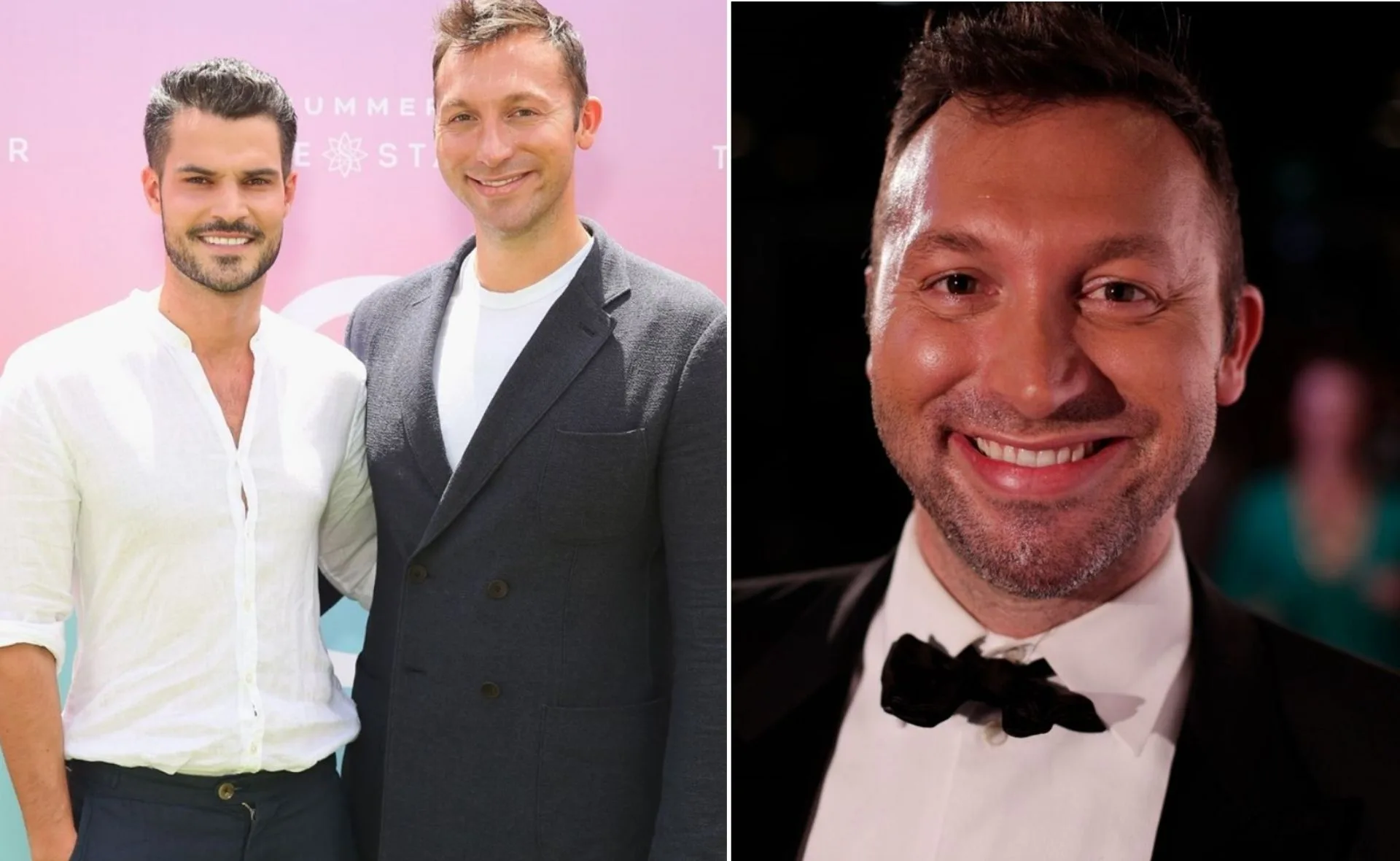 Two men smiling side by side, one in a white shirt and the other in a suit; close-up of a man in a tuxedo.