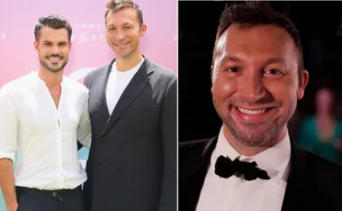 Two men smiling side by side, one in a white shirt and the other in a suit; close-up of a man in a tuxedo.