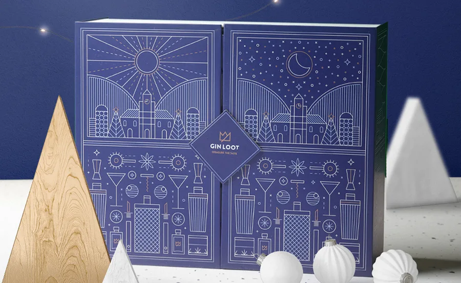Gin Loot Advent calendar with festive blue design featuring sun and moon illustrations.