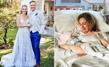 Bride and groom pose outside; woman in hospital bed holding a newborn.