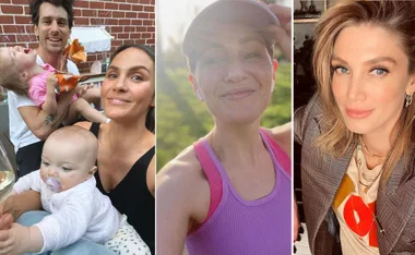 A collage: Left shows a couple with two kids, center a woman in workout gear outdoors, right a woman with styled hair indoors.