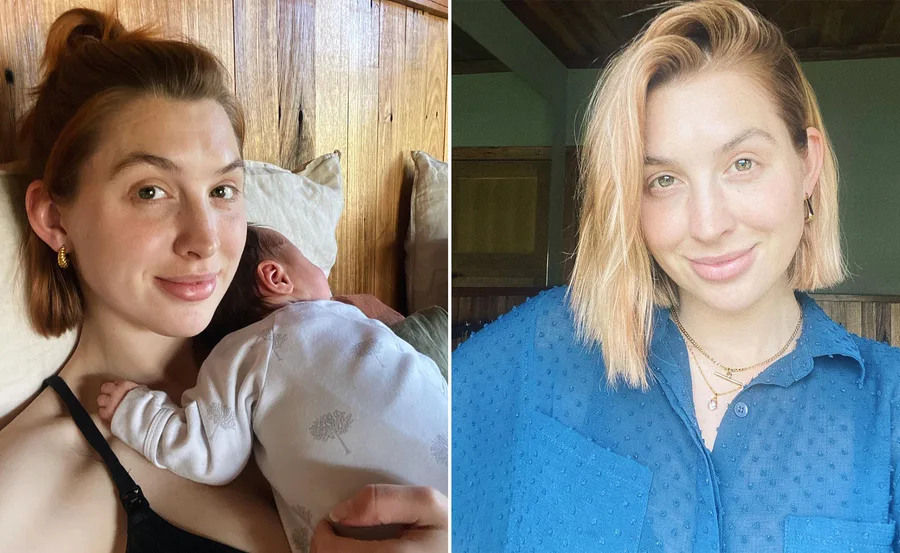 Woman smiling while holding a baby, and another photo of her smiling at the camera.