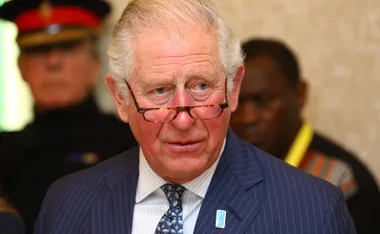Prince Charles at an event, wearing glasses and a suit with a pin, a serious expression, people in the background.
