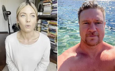 Woman speaking in a room with books; man in water selfie.