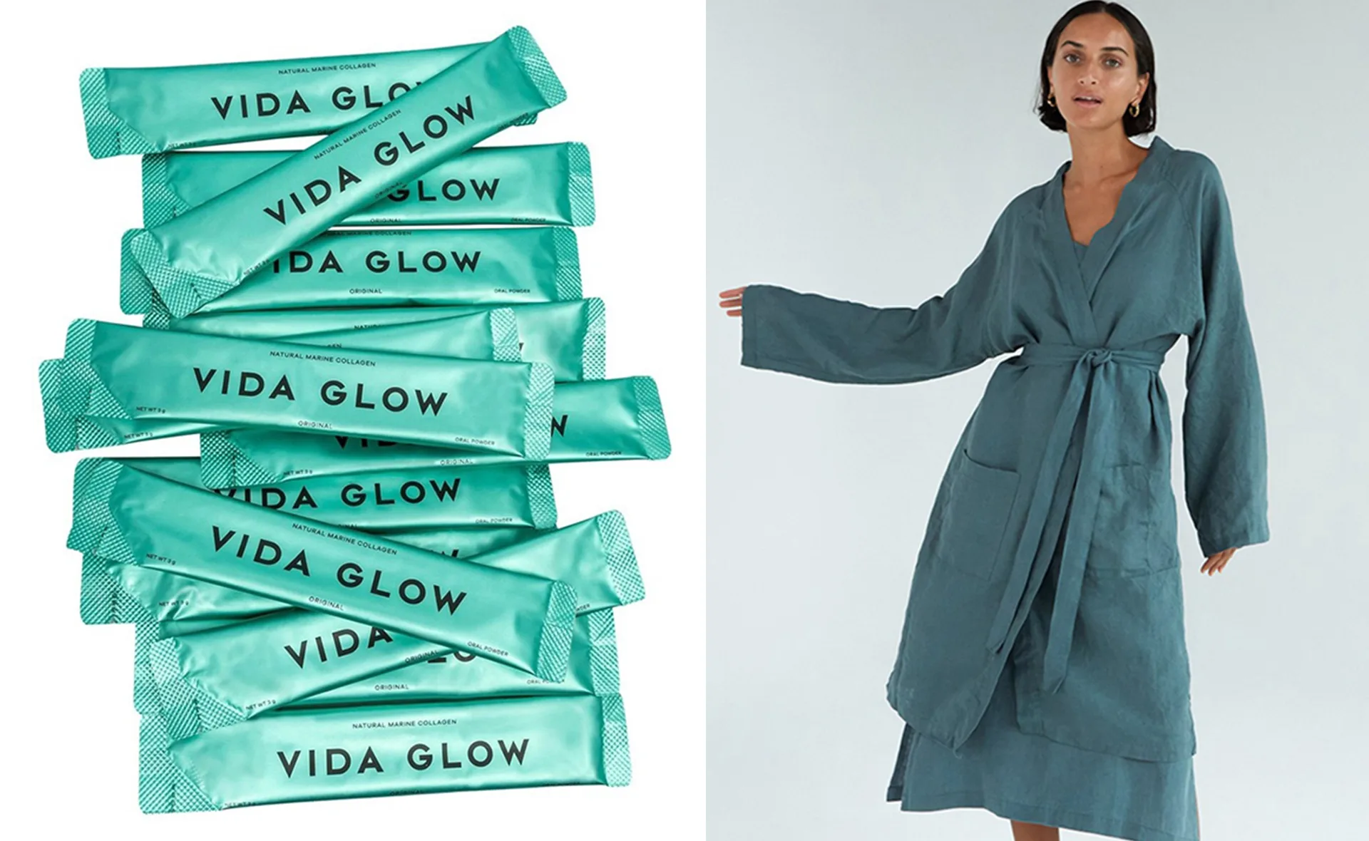 "Vida Glow collagen sachets and woman in green robe, ideal Christmas gift ideas."
