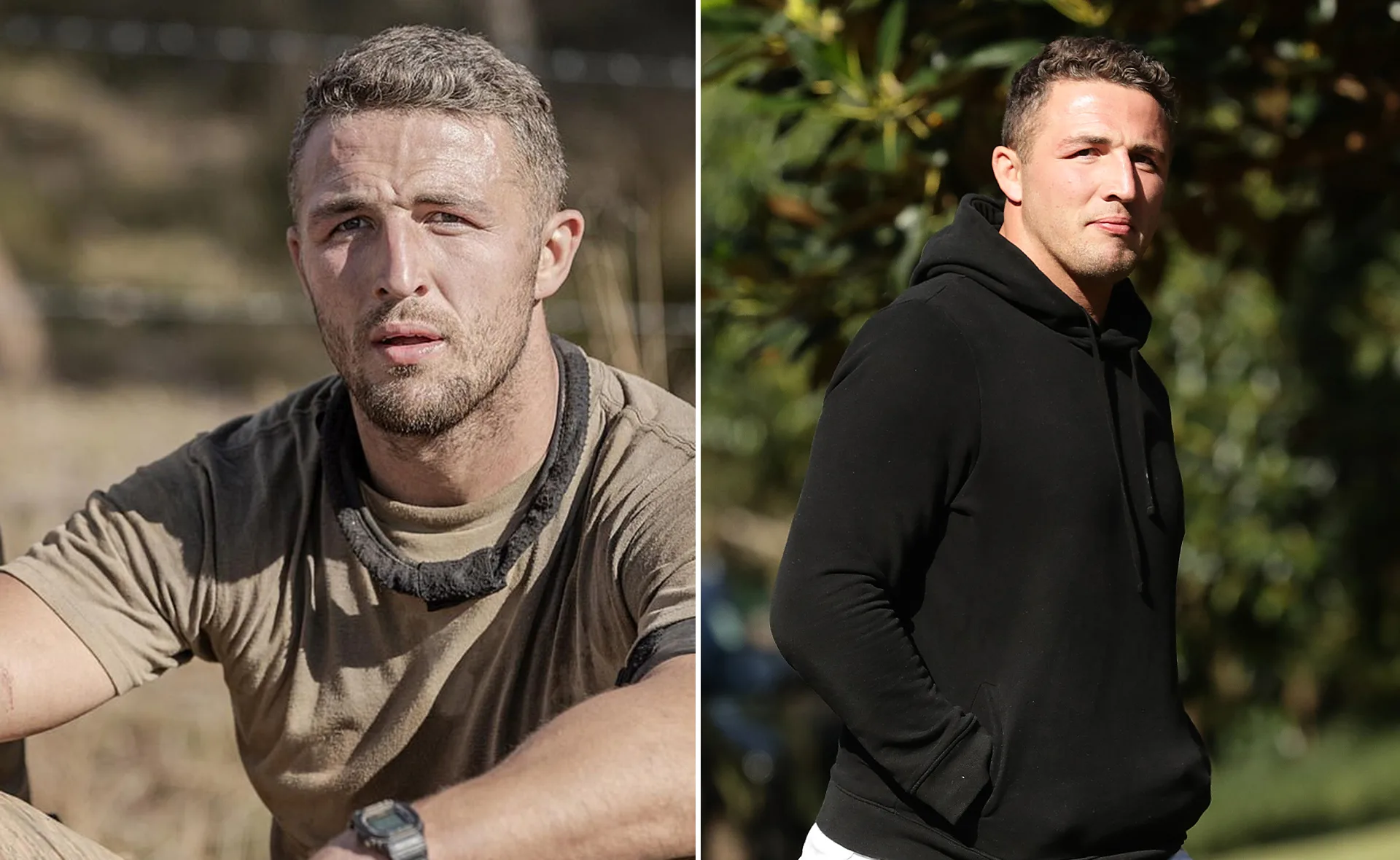Two images: left shows a person in a tan shirt looking serious, right shows the same person in a black hoodie outdoors.