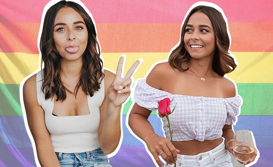 Two images of a smiling woman against a rainbow background; one with her sticking out her tongue, the other holding a rose.