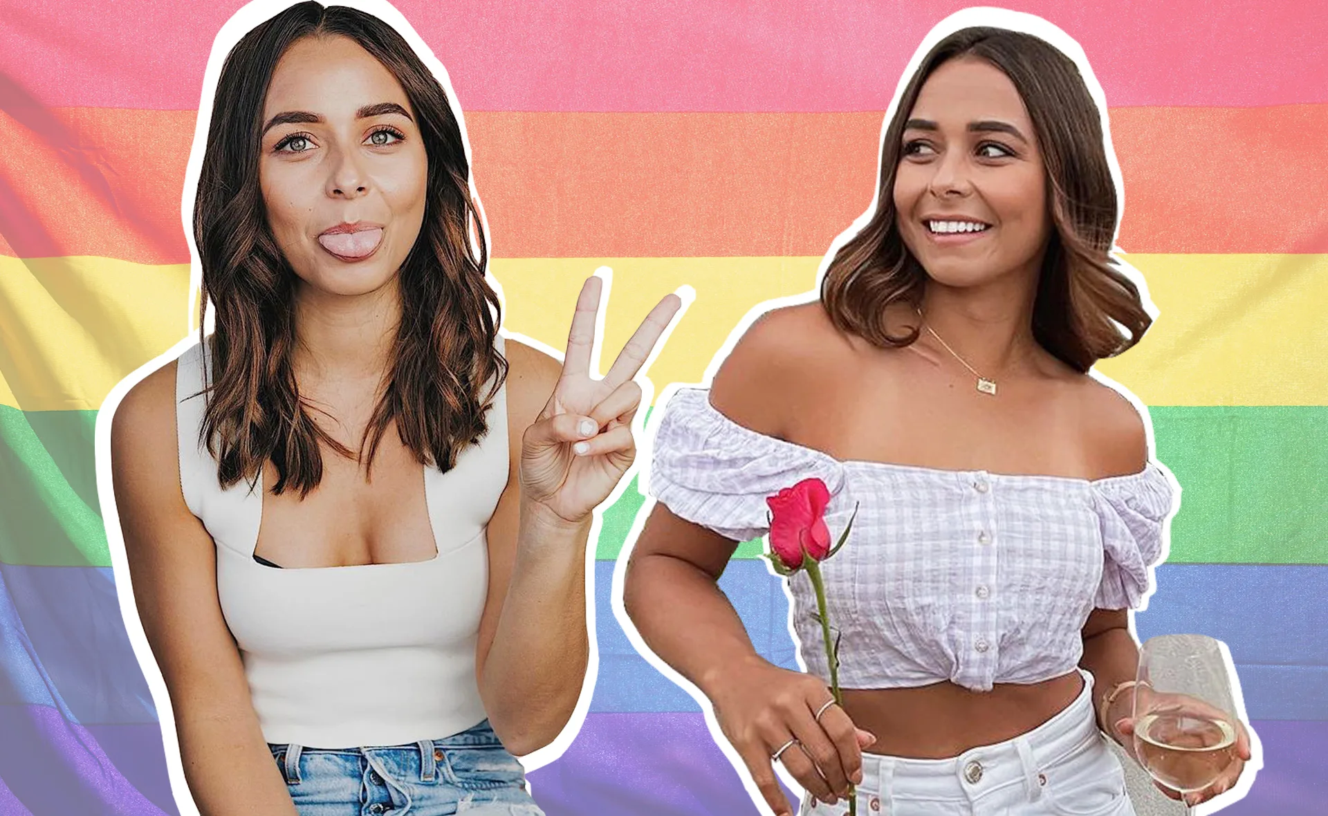 Two images of a smiling woman against a rainbow background; one with her sticking out her tongue, the other holding a rose.