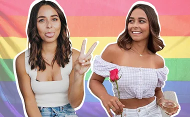 Two images of a smiling woman against a rainbow background; one with her sticking out her tongue, the other holding a rose.