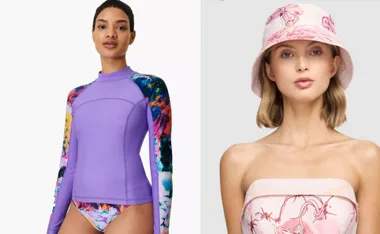Two women showcasing sun protection clothing: one in a purple floral rash guard and the other in a pink floral bucket hat.