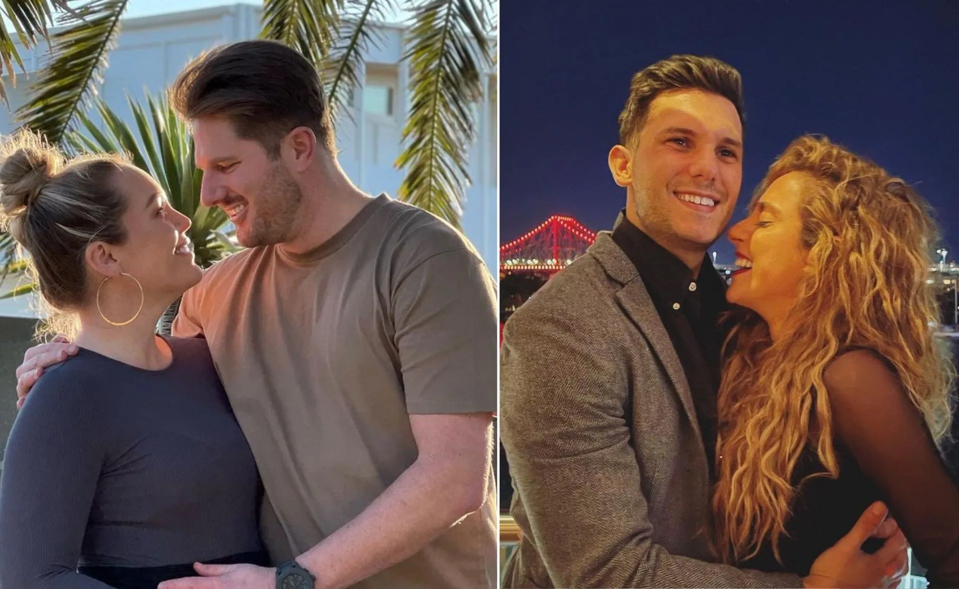 Couples from "Married at First Sight" 2021 smiling and embracing outdoors and by a lit bridge at night.