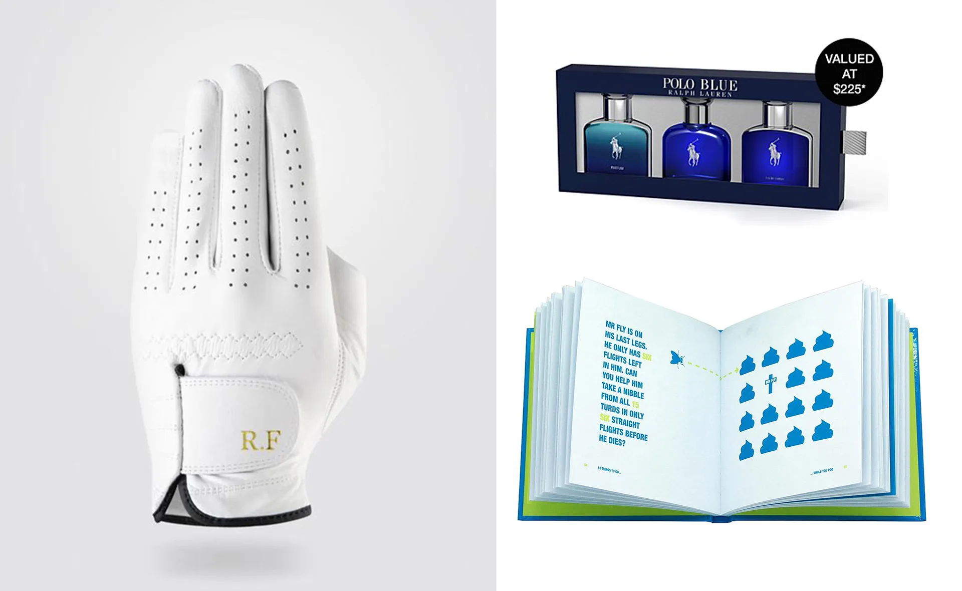 White golf glove with “R.F.” initials, Polo Ralph Lauren Blue perfume set, and an open puzzle book.