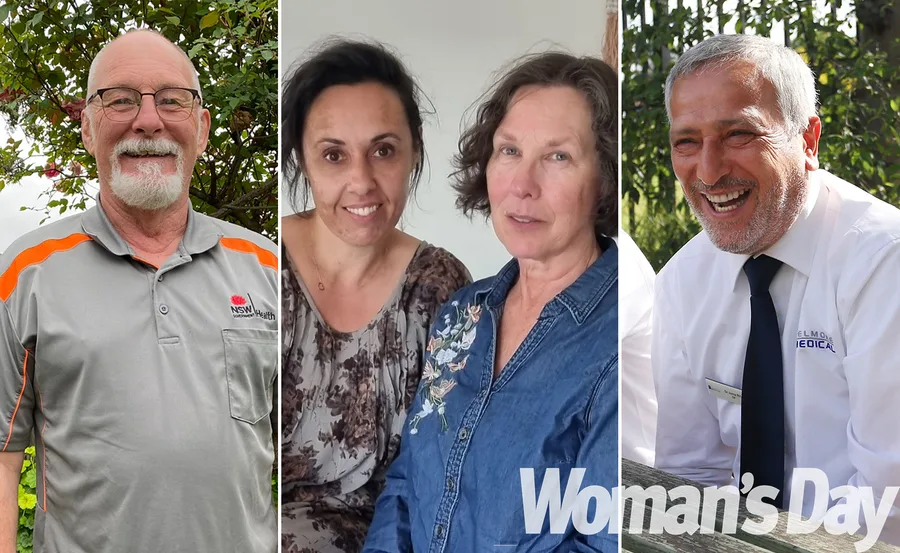 Three photos: a smiling man in a NSW Health shirt, two women seated together, and a laughing man in a medical uniform.