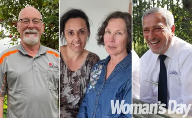 Three photos: a smiling man in a NSW Health shirt, two women seated together, and a laughing man in a medical uniform.