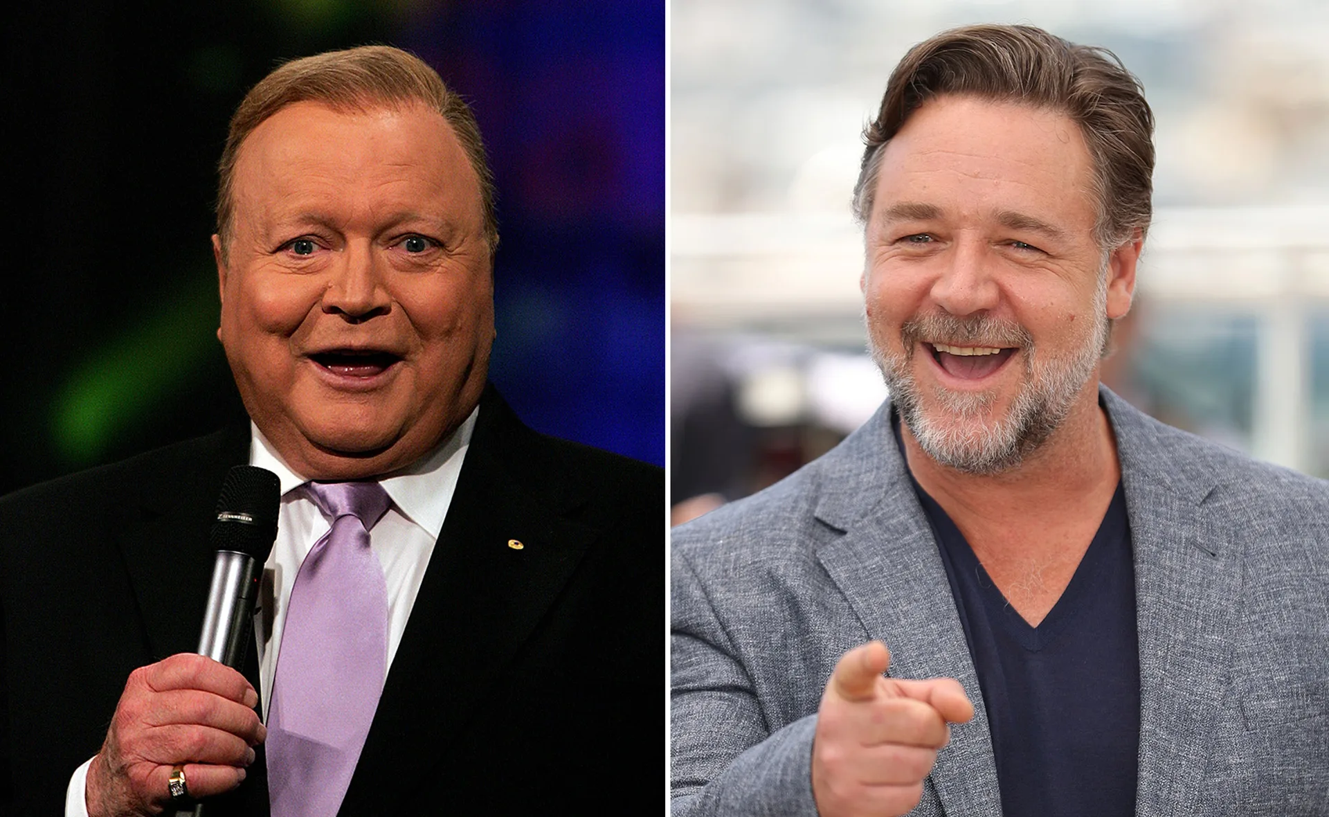 Two men smiling side by side; one is holding a microphone, the other pointing. They are in a biopic discussion.