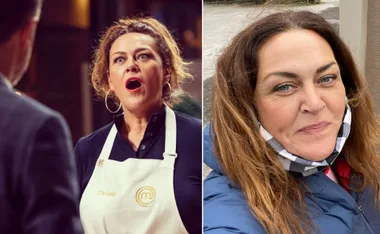 Chrissie Swan on "Celebrity MasterChef" set and a close-up outdoor selfie.