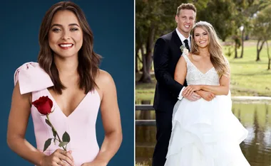 A woman in a pink dress holding a red rose; a couple in wedding attire posing outdoors by a lake.
