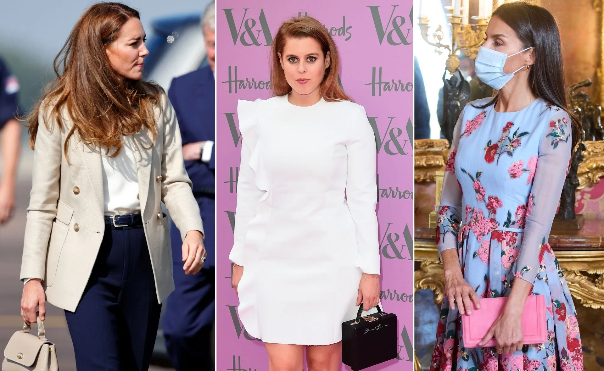 Women in stylish outfits holding handbags; one in a blazer, one in a white dress, and one in a floral dress with a mask.