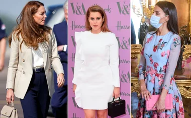 Women in stylish outfits holding handbags; one in a blazer, one in a white dress, and one in a floral dress with a mask.