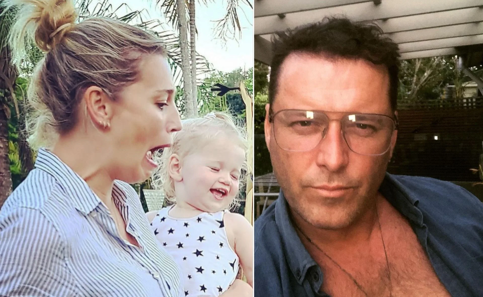 Mom and child react joyfully outdoors; man poses confidently indoors with glasses.