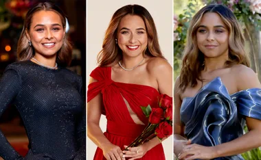 Three images of a woman in formal dresses: black, red with roses, and metallic blue ruffled gown.