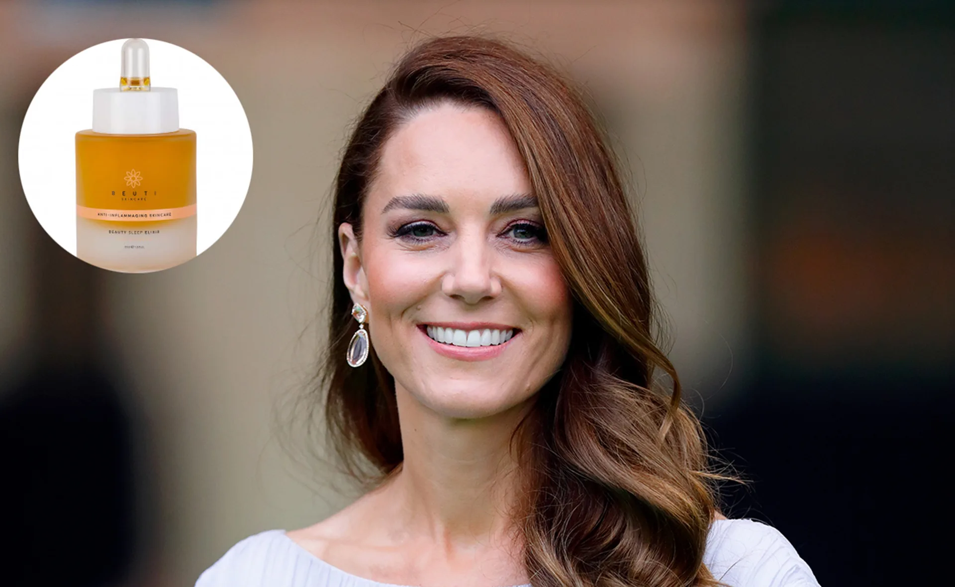 A woman smiling, with a Beauti Skincare product inset on the top left.