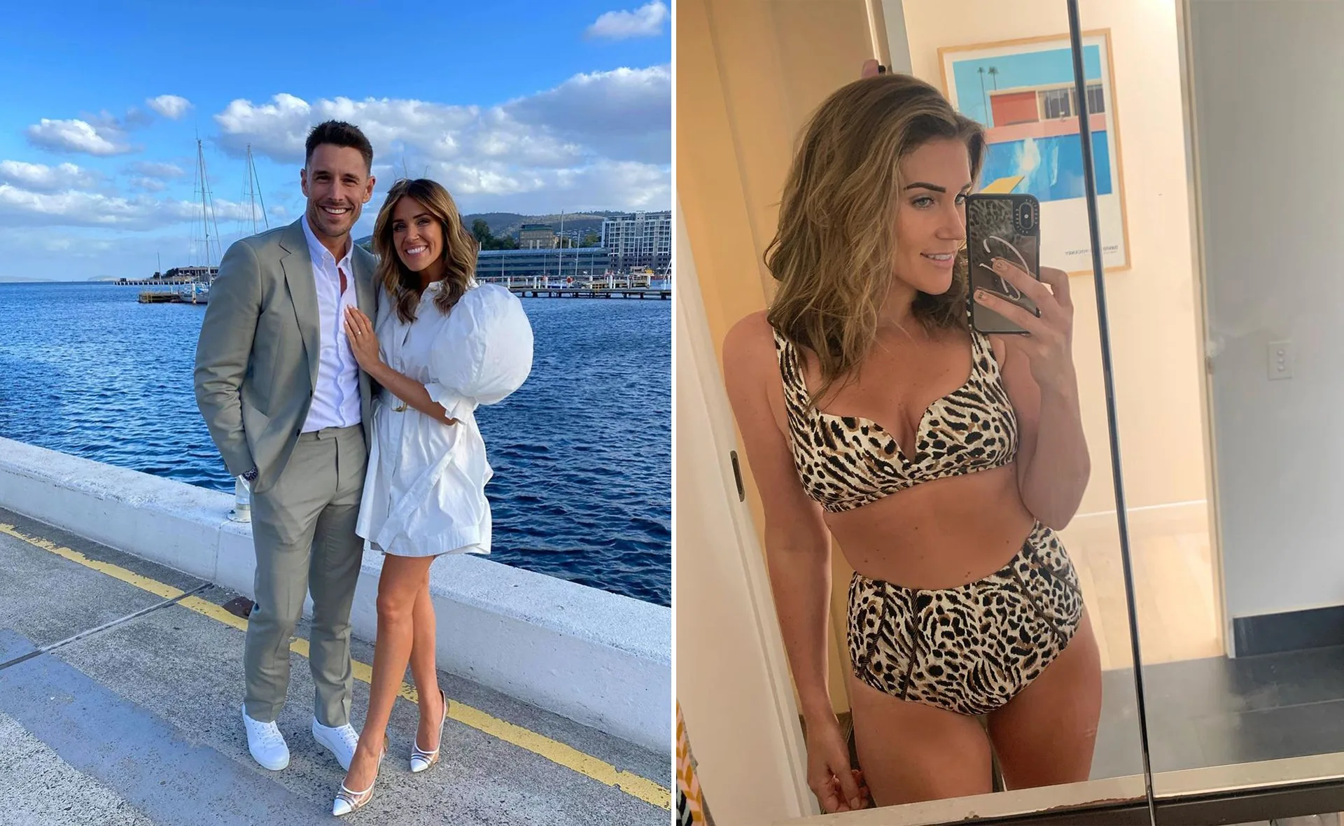 A couple poses by the sea; a woman takes a mirror selfie in a leopard bikini.
