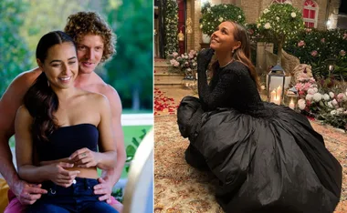 Two images: Left, a man embraces a woman outdoors. Right, a woman in a flowing black dress smiles, surrounded by flowers and candles.