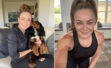 A woman smiling with her dog on the left; on the right, a close-up showing her in a workout outfit.