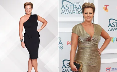 Chyka Keebaugh poses in a black dress (left) and a gold dress at the 2015 ASTRA Awards (right).