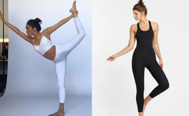 Left: Woman in yoga pose wearing white; Right: Woman in black yoga outfit standing.