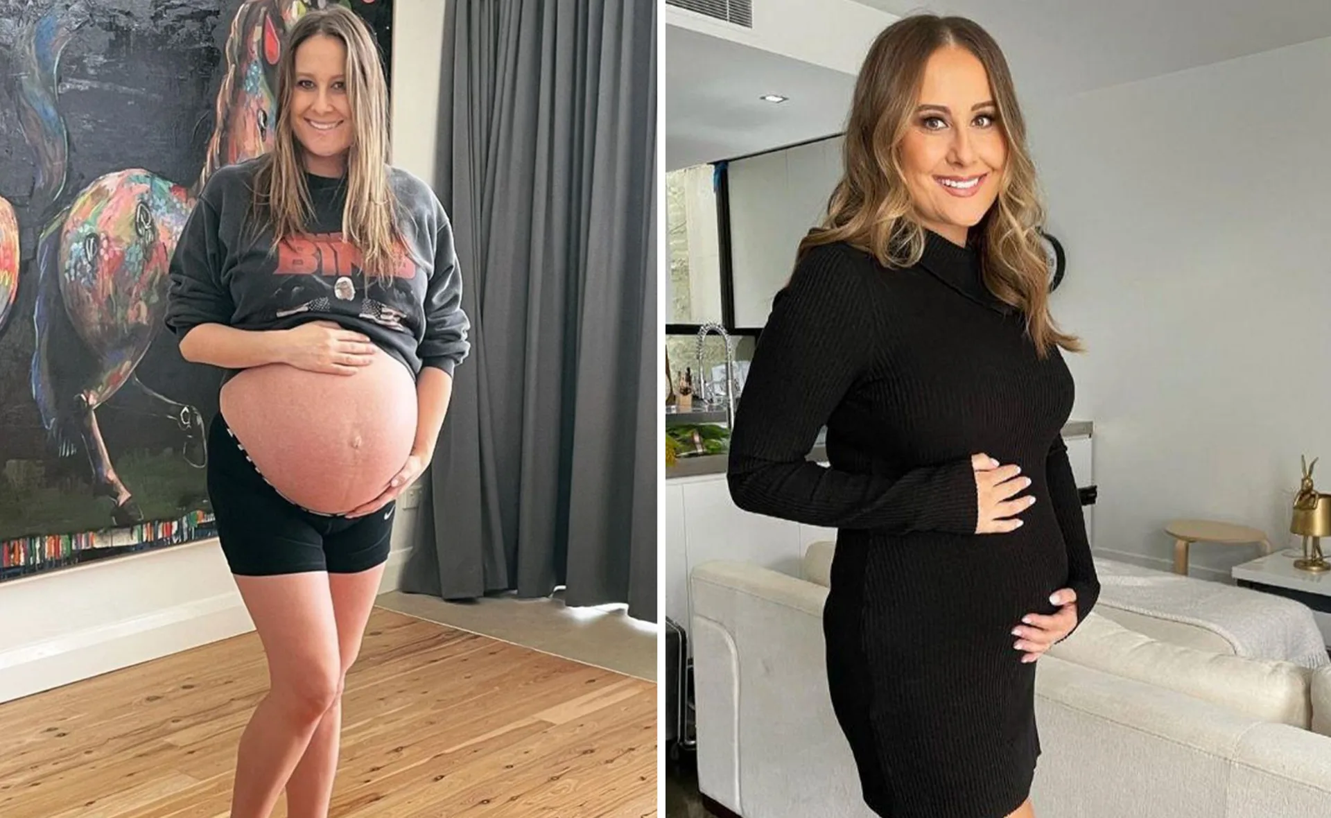 Pregnant woman in two poses: casual with sweatshirt, dressy in black outfit, indoors with colorful artwork and modern decor.