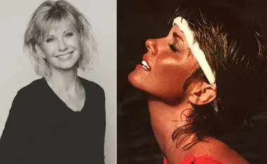 Olivia Newton-John smiling in a black and white portrait and in profile with a headband.