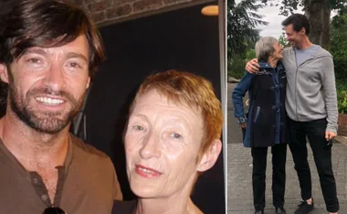 A man smiling with his mother; one image indoors, one outdoors in a loving embrace.