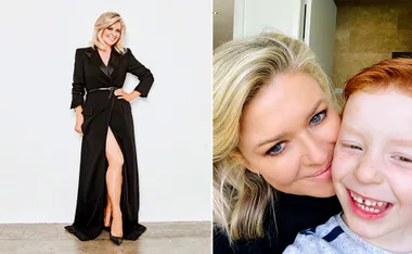 "Two images: Woman in black dress posing; woman close-up with smiling child."