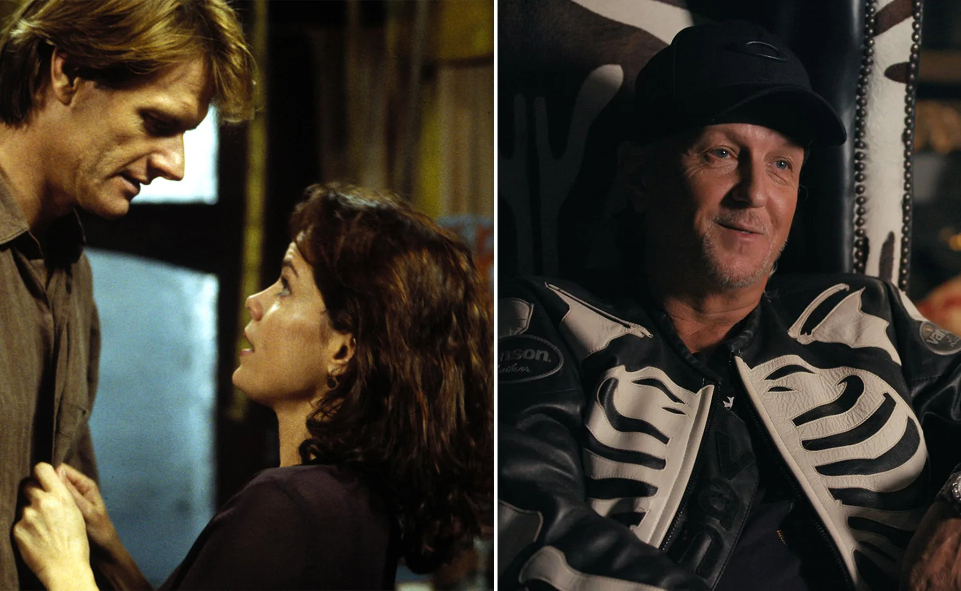 Scene from a dramatic film with two people, and a man in a skeleton jacket.