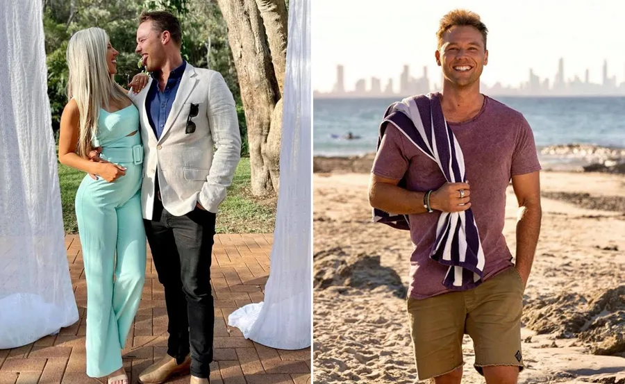 Man in beach attire with towel, another man in jacket with a woman in matching outfit, outdoor setting.