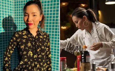 Dami Im in a floral dress by a tiled wall; cooking in a kitchen wearing an apron.