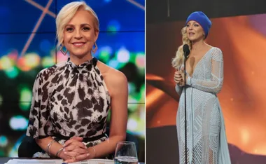 TV host in patterned dress and at an event wearing a blue beanie and gown.