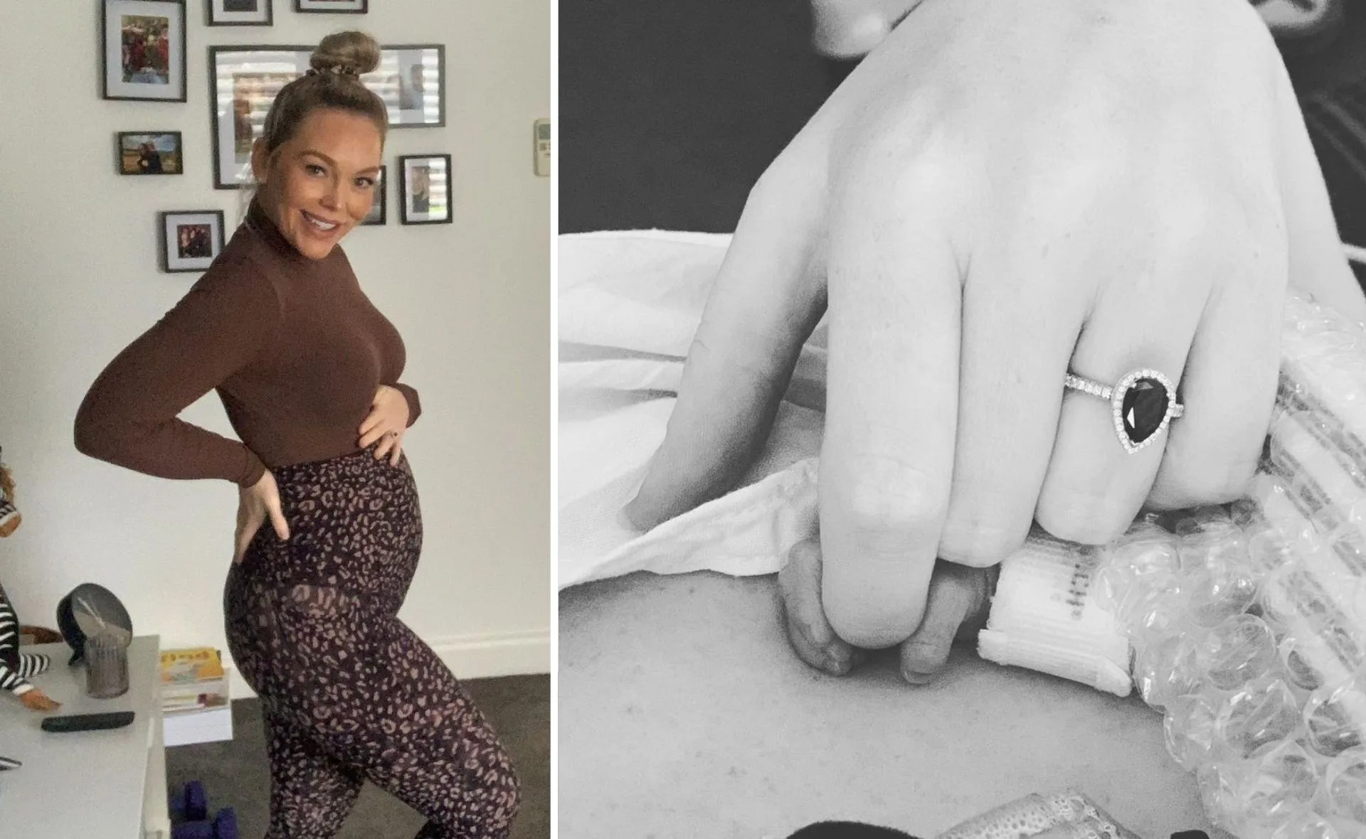 Pregnant woman in patterned pants smiling; close-up of a ringed hand holding a tiny baby hand.