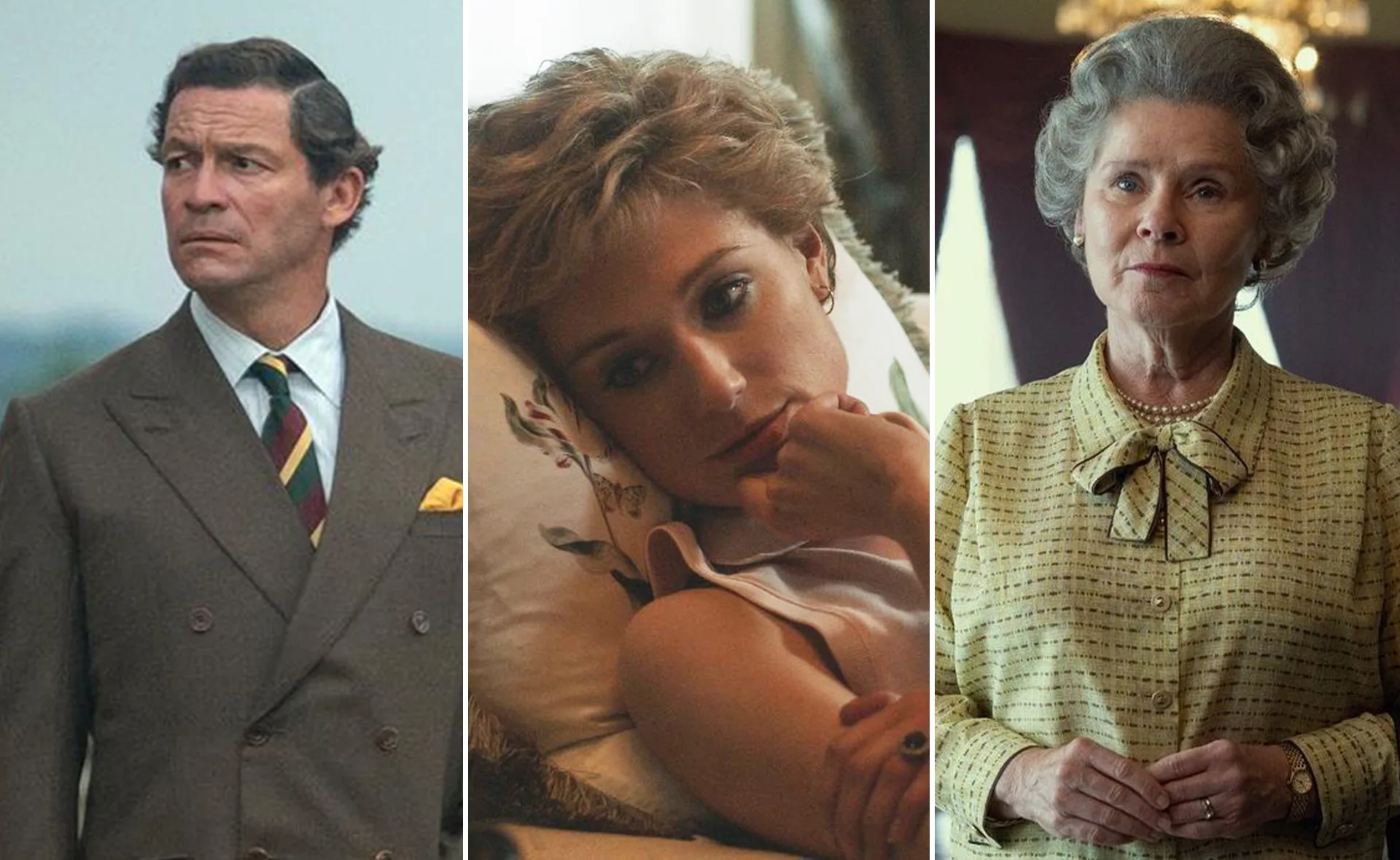 Three characters from "The Crown" Season 5; left in a suit, center reclining, right standing in blouse.